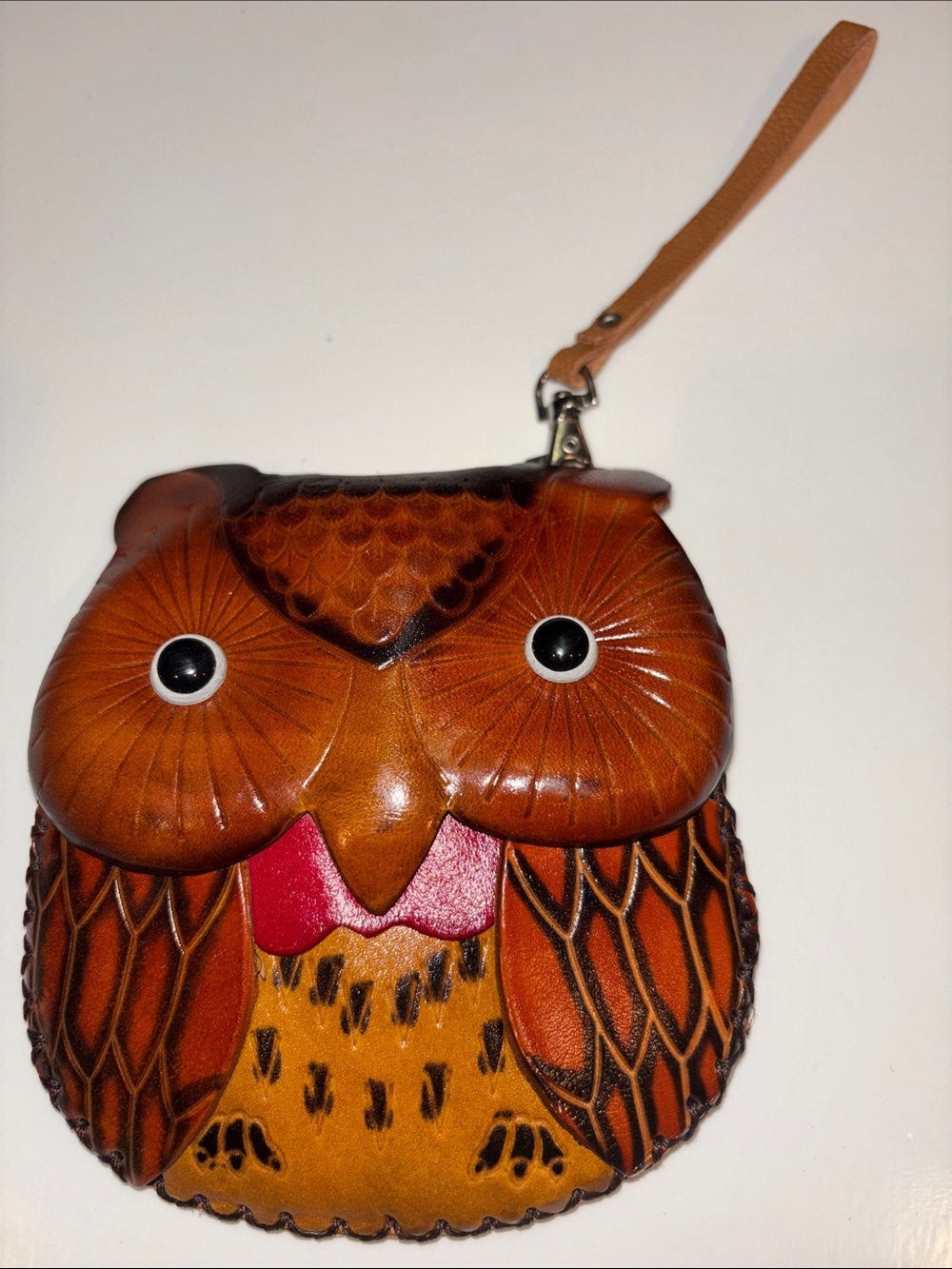 Owl-Shaped Brown Leather Wristlet Bag